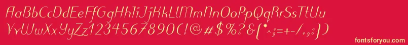 PuritasLtMediumItalic-fontti – keltaiset fontit punaisella taustalla