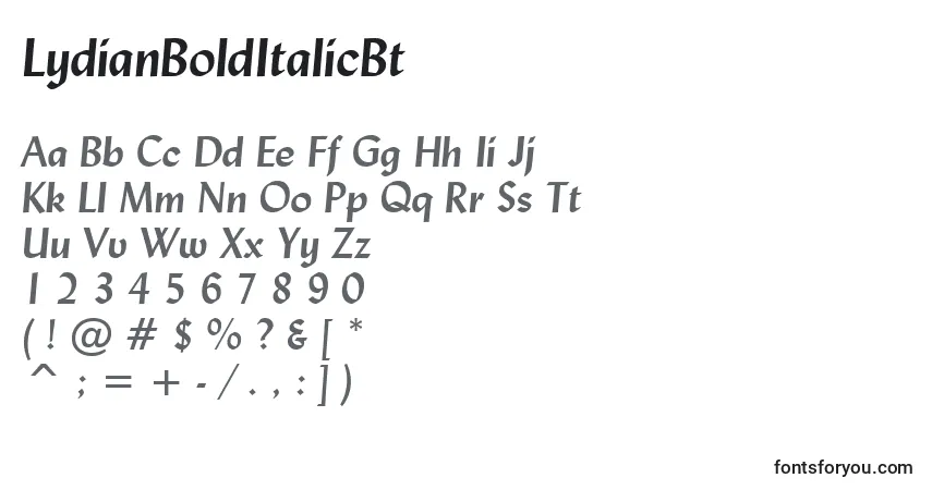 Шрифт LydianBoldItalicBt – алфавит, цифры, специальные символы
