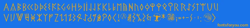 フォントTheromanrunesalliance – オレンジ色の文字が青い背景にあります。