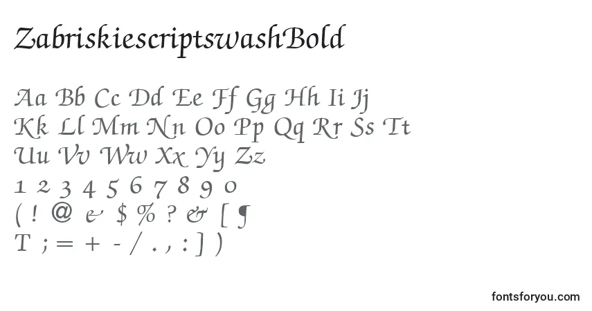 A fonte ZabriskiescriptswashBold – alfabeto, números, caracteres especiais
