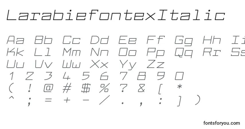 Czcionka LarabiefontexItalic – alfabet, cyfry, specjalne znaki