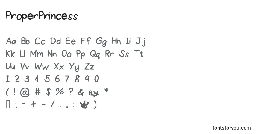 Czcionka ProperPrincess – alfabet, cyfry, specjalne znaki