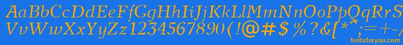 NewJournalItalic.001.001フォントについての詳細 フォントNewJournalItalic.001.001 – オレンジ色の文字が青い背景にあります。