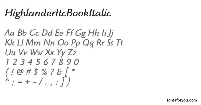 Шрифт HighlanderItcBookItalic – алфавит, цифры, специальные символы