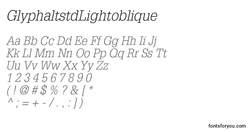 A fonte GlyphaltstdLightoblique – alfabeto, números, caracteres especiais