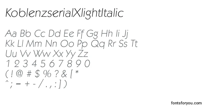 Schriftart KoblenzserialXlightItalic – Alphabet, Zahlen, spezielle Symbole