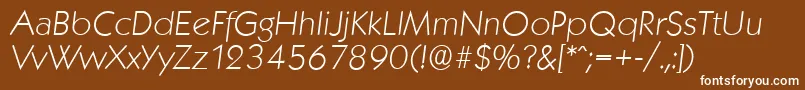 KoblenzserialXlightItalic-fontti – valkoiset fontit ruskealla taustalla