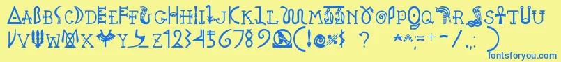 フォントPegypta – 青い文字が黄色の背景にあります。