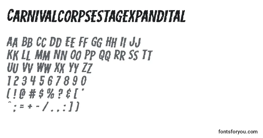 Шрифт Carnivalcorpsestagexpandital – алфавит, цифры, специальные символы