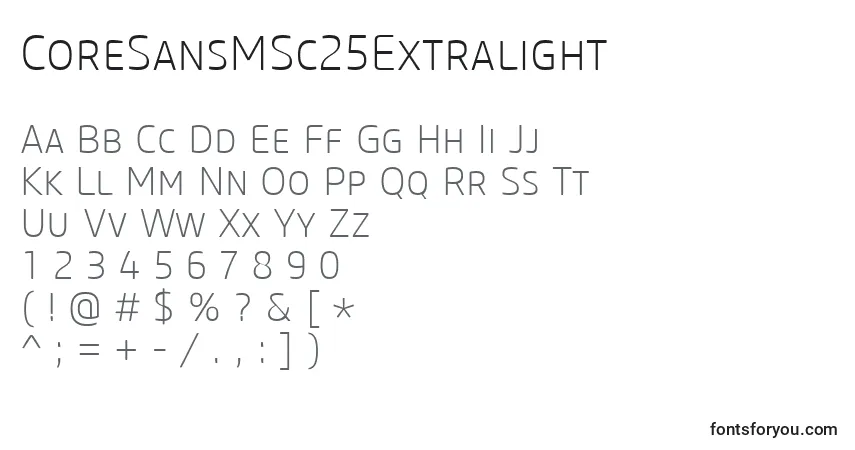 Czcionka CoreSansMSc25Extralight – alfabet, cyfry, specjalne znaki