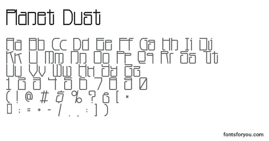 A fonte Planet Dust – alfabeto, números, caracteres especiais