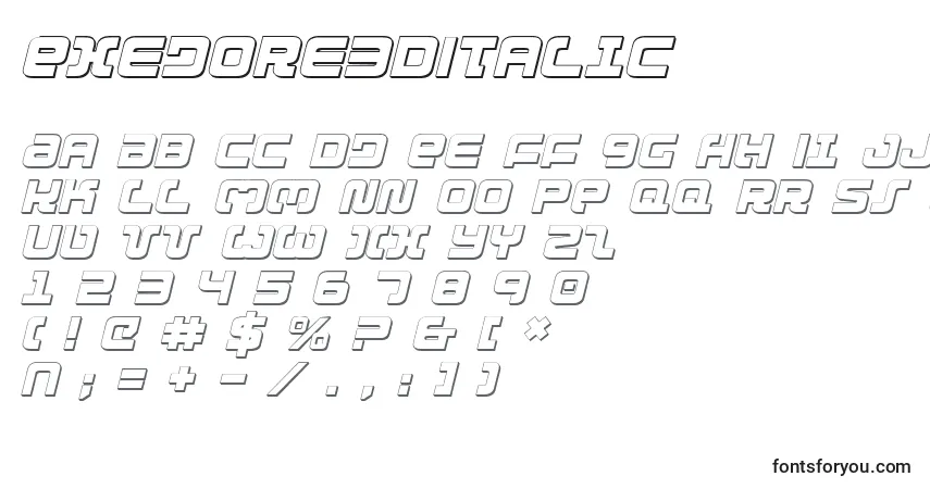 Czcionka Exedore3DItalic – alfabet, cyfry, specjalne znaki
