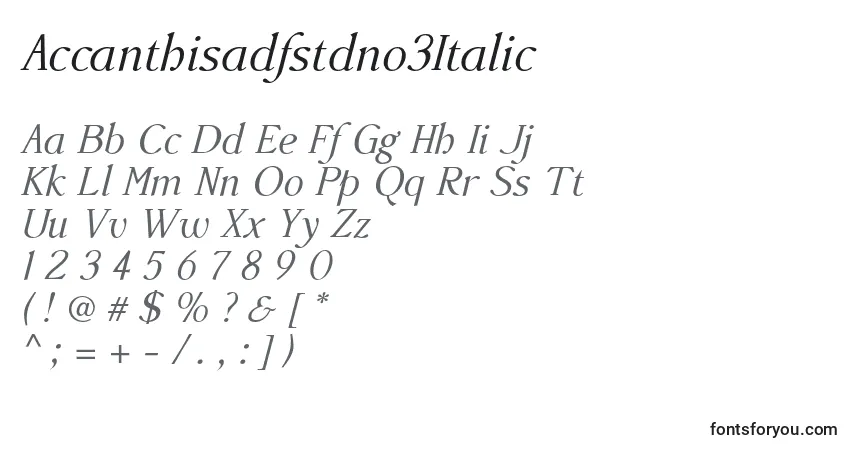 Czcionka Accanthisadfstdno3Italic – alfabet, cyfry, specjalne znaki