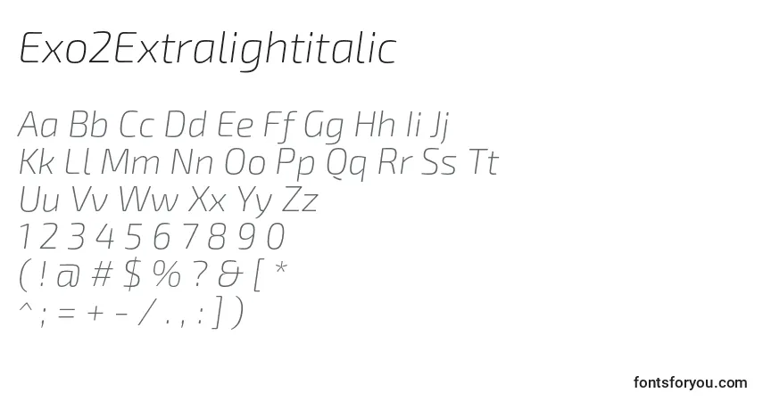 Czcionka Exo2Extralightitalic – alfabet, cyfry, specjalne znaki