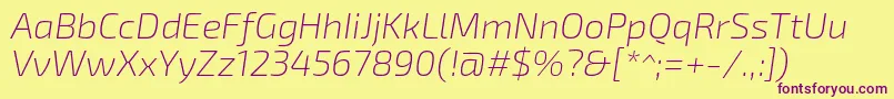 Fonte Exo2Extralightitalic – fontes roxas em um fundo amarelo