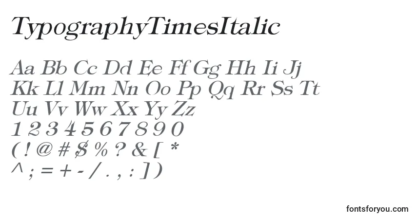 Czcionka TypographyTimesItalic – alfabet, cyfry, specjalne znaki