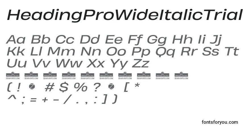 Шрифт HeadingProWideItalicTrial – алфавит, цифры, специальные символы
