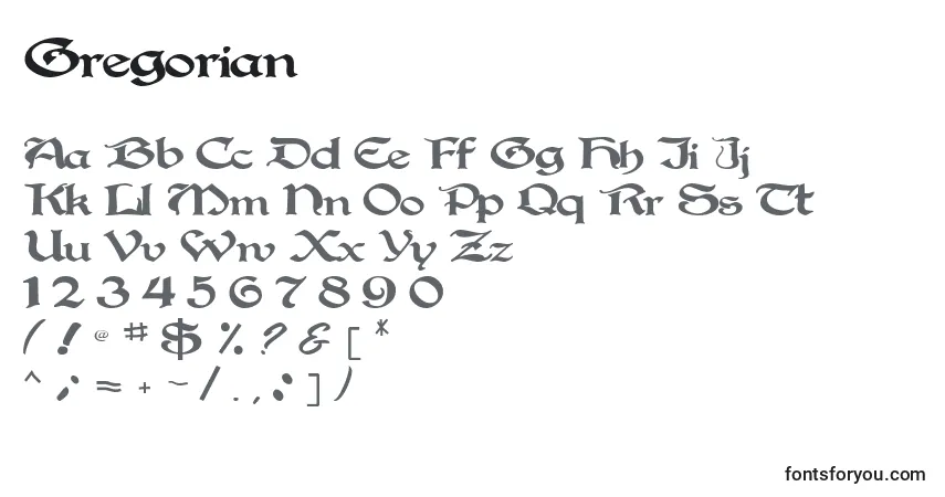 Schriftart Gregorian – Alphabet, Zahlen, spezielle Symbole