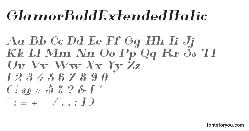 Schriftart GlamorBoldExtendedItalic (74921) – Alphabet, Zahlen, spezielle Symbole