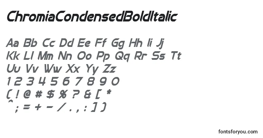 Schriftart ChromiaCondensedBoldItalic – Alphabet, Zahlen, spezielle Symbole