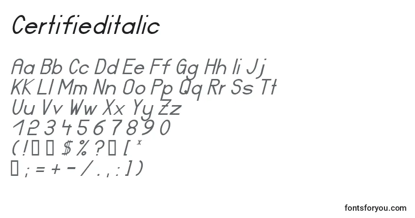Schriftart Certifieditalic – Alphabet, Zahlen, spezielle Symbole
