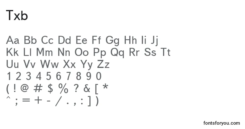 Czcionka Txb – alfabet, cyfry, specjalne znaki