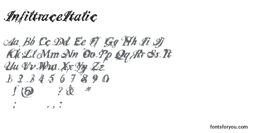 A fonte InfiltraceItalic – alfabeto, números, caracteres especiais