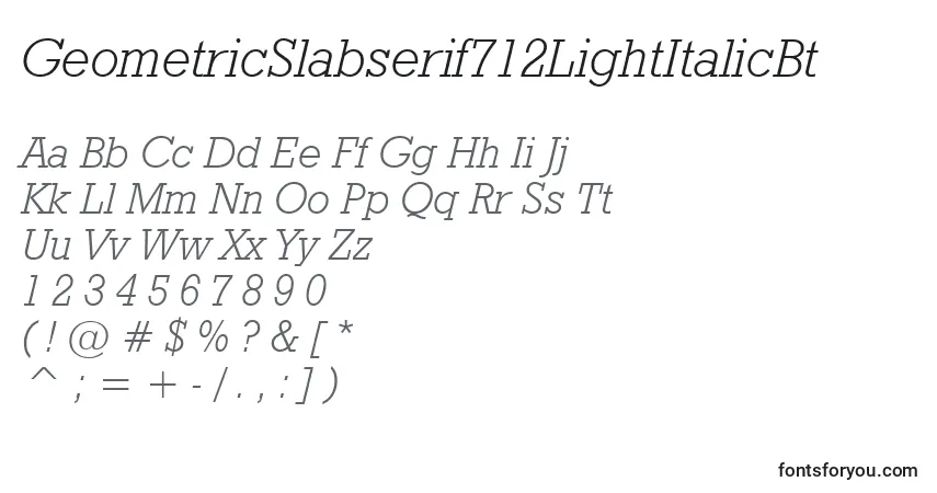 Czcionka GeometricSlabserif712LightItalicBt – alfabet, cyfry, specjalne znaki