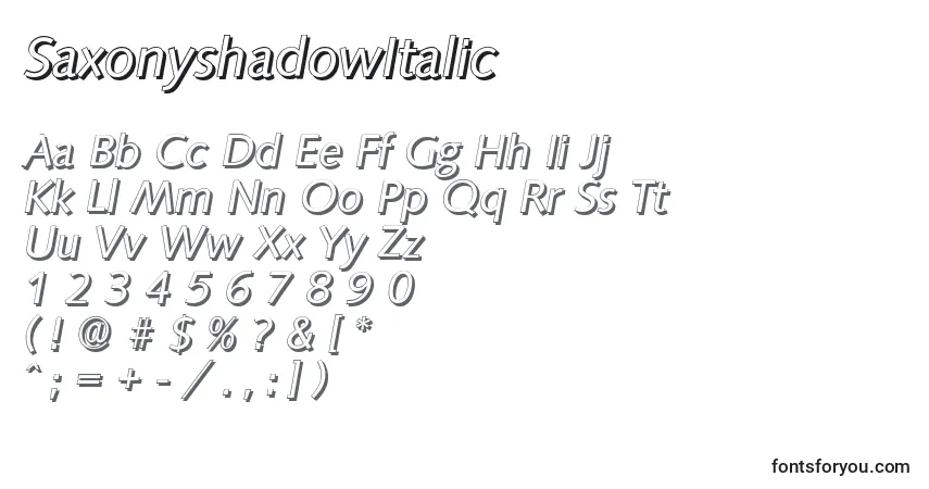 A fonte SaxonyshadowItalic – alfabeto, números, caracteres especiais