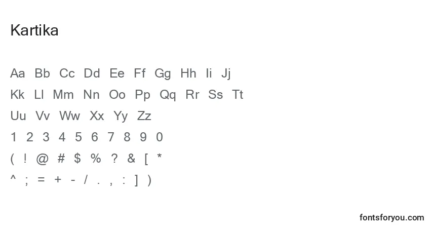 Czcionka Kartika – alfabet, cyfry, specjalne znaki