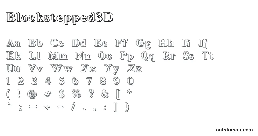 Czcionka Blockstepped3D – alfabet, cyfry, specjalne znaki