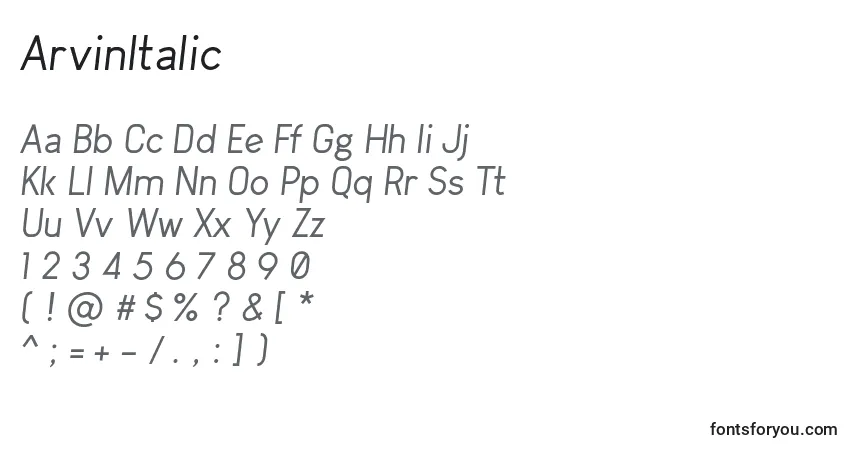 A fonte ArvinItalic – alfabeto, números, caracteres especiais
