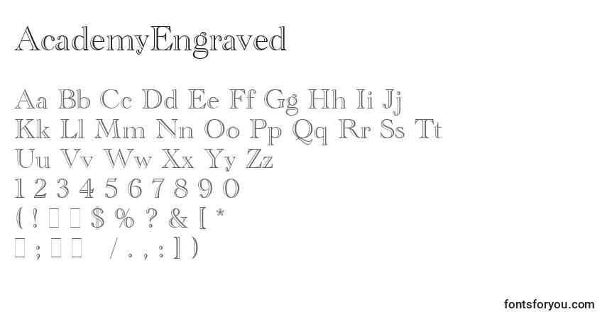 AcademyEngraved-fontti – aakkoset, numerot, erikoismerkit