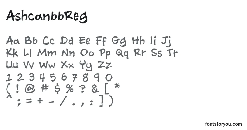 Czcionka AshcanbbReg – alfabet, cyfry, specjalne znaki