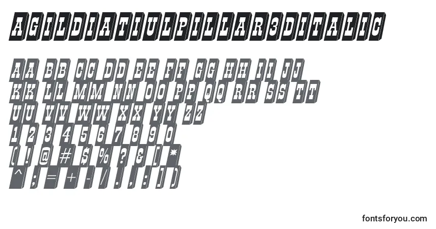 Шрифт AGildiatiulpillar3DItalic – алфавит, цифры, специальные символы