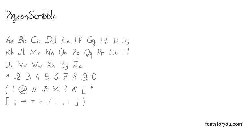 Czcionka PigeonScribble – alfabet, cyfry, specjalne znaki