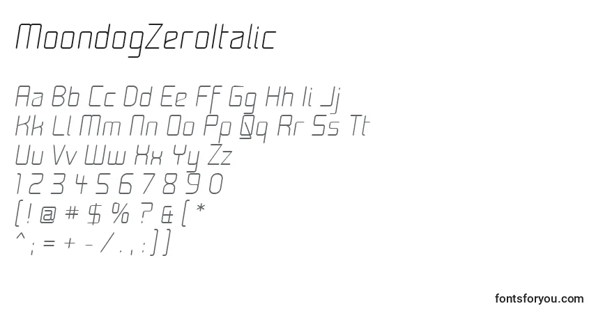 Шрифт MoondogZeroItalic – алфавит, цифры, специальные символы