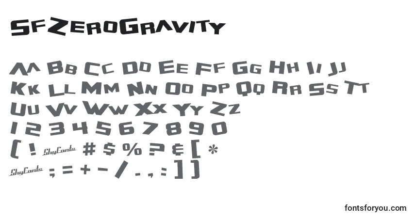 Czcionka SfZeroGravity – alfabet, cyfry, specjalne znaki
