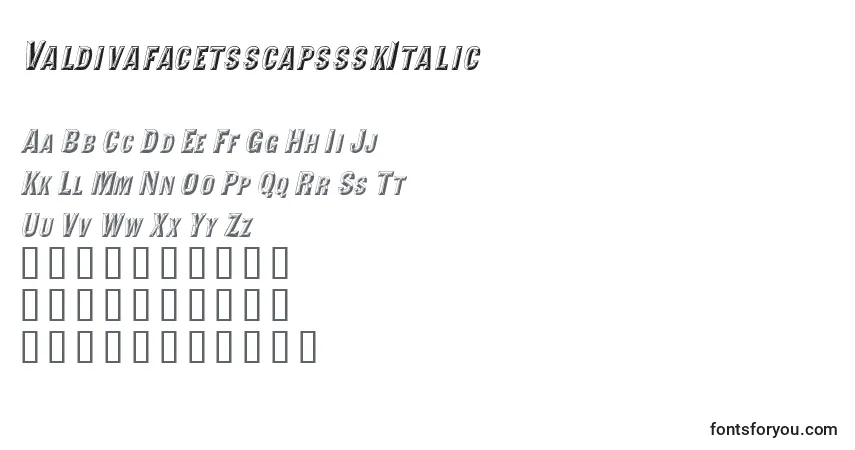 A fonte ValdivafacetsscapssskItalic – alfabeto, números, caracteres especiais