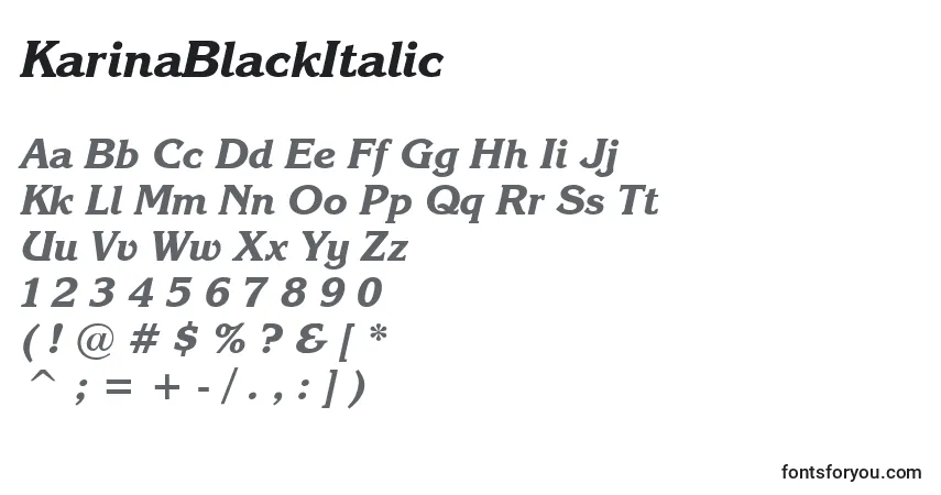 Czcionka KarinaBlackItalic – alfabet, cyfry, specjalne znaki