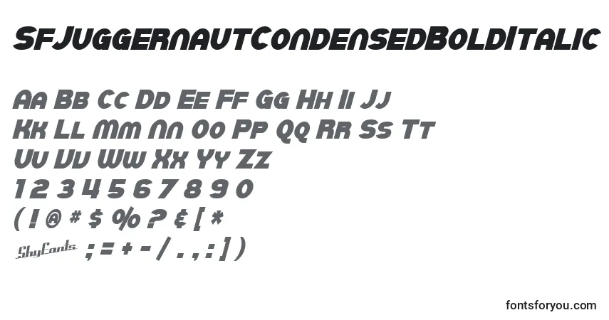 Schriftart SfJuggernautCondensedBoldItalic – Alphabet, Zahlen, spezielle Symbole