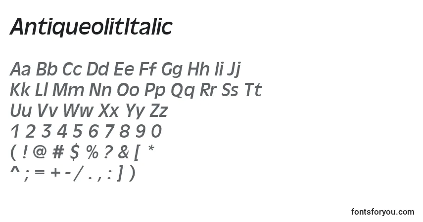 Шрифт AntiqueolitItalic – алфавит, цифры, специальные символы