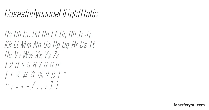 Schriftart CasestudynooneLtLightItalic – Alphabet, Zahlen, spezielle Symbole