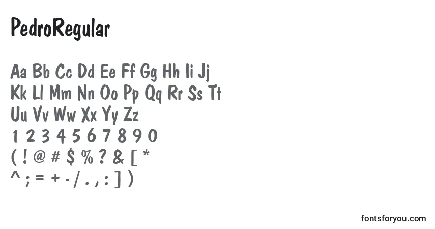 Czcionka PedroRegular – alfabet, cyfry, specjalne znaki