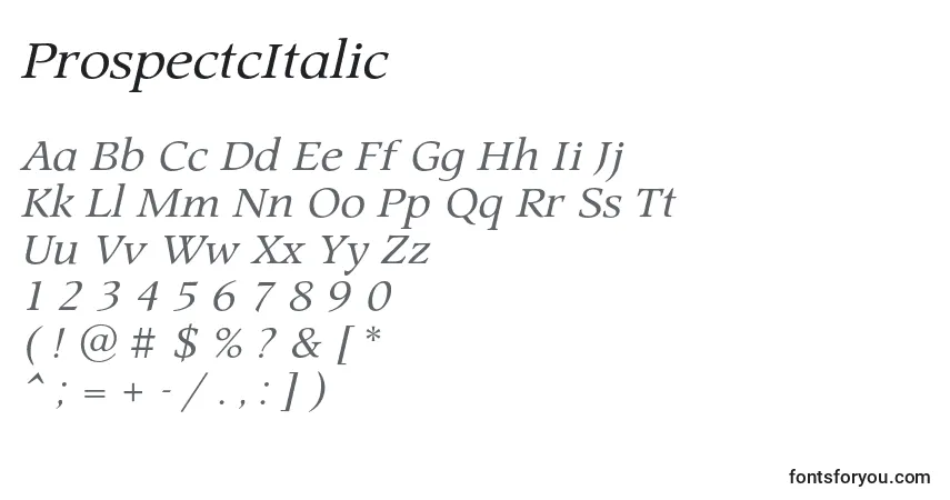 Schriftart ProspectcItalic – Alphabet, Zahlen, spezielle Symbole