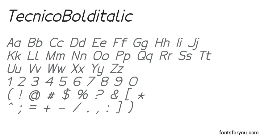 A fonte TecnicoBolditalic – alfabeto, números, caracteres especiais