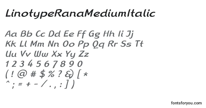 Шрифт LinotypeRanaMediumItalic – алфавит, цифры, специальные символы