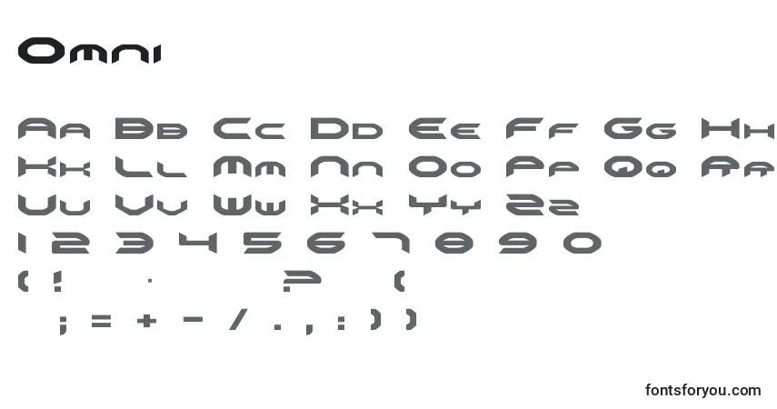 A fonte Omni – alfabeto, números, caracteres especiais