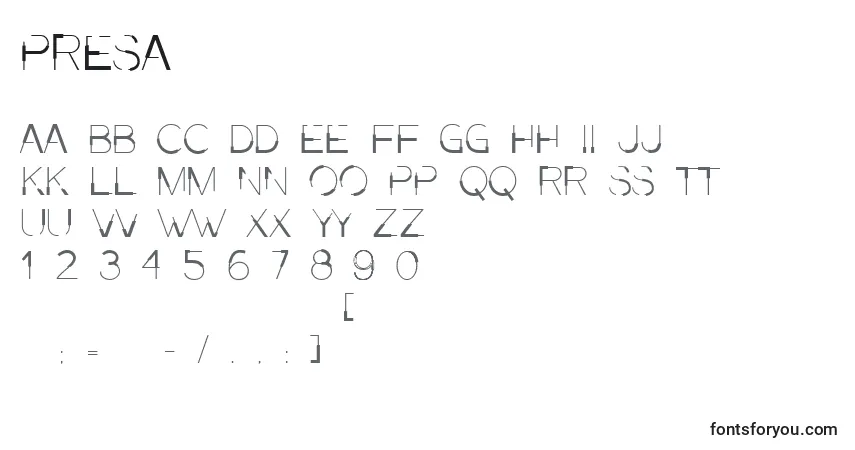 Schriftart Presa (75209) – Alphabet, Zahlen, spezielle Symbole