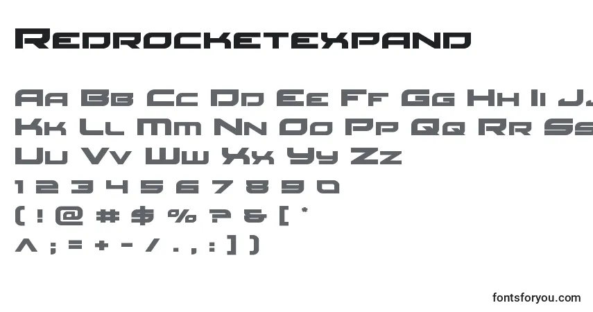 Czcionka Redrocketexpand – alfabet, cyfry, specjalne znaki